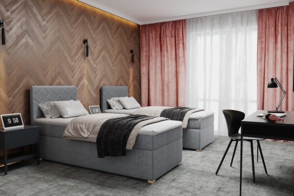 Łóżko hotelowe z ozdobnym wysokim wezgłowiem